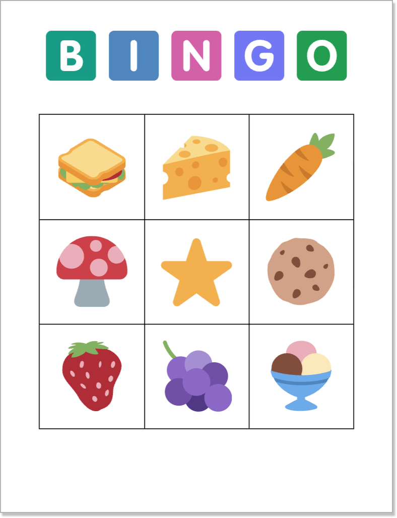 Example printable food bingo card with colorful food pictures