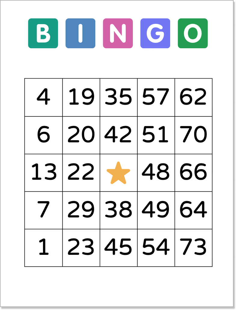 Example printable number bingo card