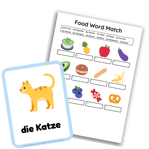 German language example of teaching resources, a flashcard and worksheet