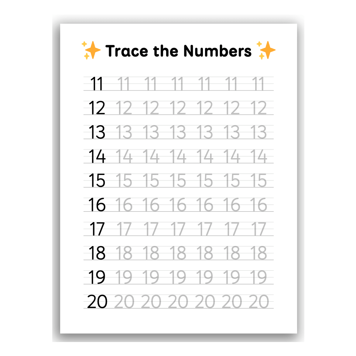 Example number tracing worksheet for practicing numbers 1-20