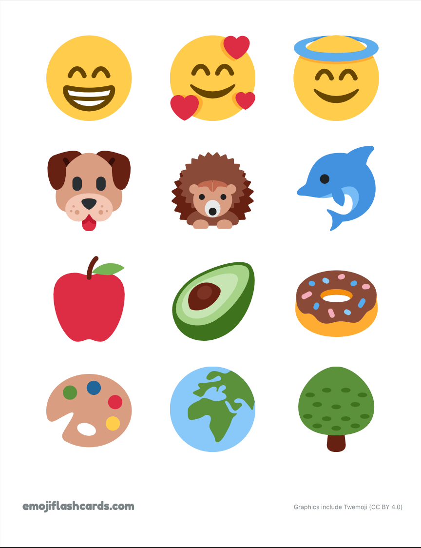 Example page of printable emoji, showing 12 emoji