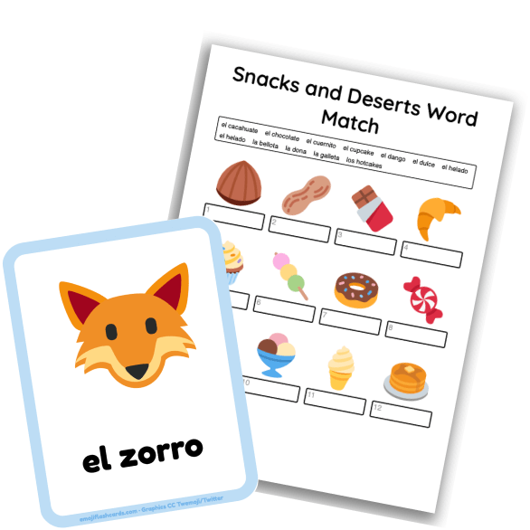 Spanish language example of teaching resources, a flashcard and worksheet