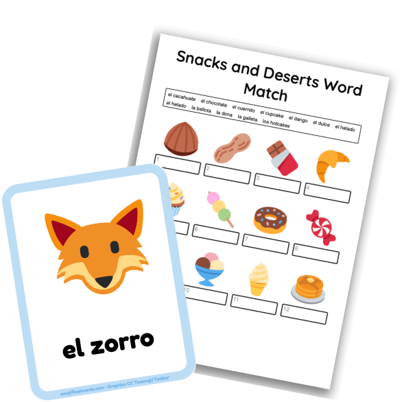 Examples of Spanish language teaching resources, a flashcard and worksheet